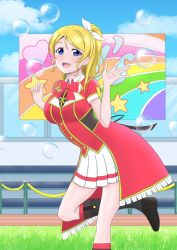 Rule 34 | 1girl, artist name, artist request, ayase eli, back bow, back ribbon, bare legs, black bow, black footwear, black ribbon, blonde hair, blue eyes, blue sky, blush, bokura no live kimi to no life, boots, bow, bowtie, breasts, bubble, buttons, cloud, collared shirt, day, dress, dress shirt, etzalindex, ezzari (etzalindex), female focus, hair between eyes, hair bow, hair ribbon, hand wave, high ponytail, highres, knee boots, long hair, looking at viewer, love live!, love live! school idol festival, love live! school idol project, medium breasts, miniskirt, neck ribbon, outdoors, parted lips, plaid, plaid skirt, pleated, pleated skirt, ponytail, red bow, red bowtie, red dress, red shirt, ribbon, shirt, short hair, short sleeves, skirt, sky, smile, solo, standing, standing on one leg, white bow, white ribbon, white skirt