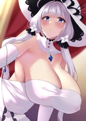 Rule 34 | 1girl, azur lane, blue eyes, blue gemstone, breasts, detached collar, dress, elbow gloves, from below, gem, gloves, hanging breasts, hat, highres, huge breasts, illustrious (azur lane), long hair, looking at viewer, solo, strapless, strapless dress, sun hat, wee (weeyy), white dress, white gloves, white hair, white hat