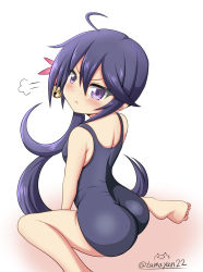 Rule 34 | 10s, 1girl, :t, ahoge, akebono (kancolle), ass, bell, blush, hair bell, hair ornament, highres, jingle bell, kantai collection, long hair, one-piece swimsuit, purple eyes, purple hair, side ponytail, sitting, solo, swimsuit, tamayan, wariza