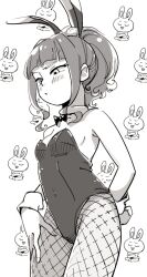 Rule 34 | 1girl, alternate costume, animal ears, arm behind back, blunt bangs, blush, bow, bowtie, breasts, covered navel, cowboy shot, detached collar, embarrassed, fake animal ears, fishnet pantyhose, fishnets, fujii tomo, furrowed brow, greyscale, hand on own thigh, highres, idolmaster, idolmaster cinderella girls, imay3927, leotard, looking down, medium breasts, monochrome, pantyhose, playboy bunny, ponytail, rabbit background, rabbit ears, sidelocks, solo, standing, strapless, strapless leotard, wrist cuffs