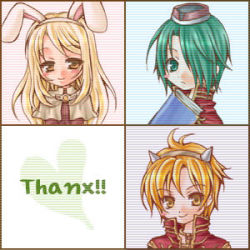 Rule 34 | 1girl, 2boys, acolyte (ragnarok online), animal ears, biretta, blonde hair, blush stickers, book, brown eyes, brown shirt, capelet, chibi, closed mouth, coat, commentary request, cowboy shot, expressionless, fake animal ears, fake horns, green eyes, green hair, heart, horns, long hair, looking at viewer, lowres, multiple boys, priest (ragnarok online), rabbit ears, ragnarok online, red coat, shirt, short hair, smile, thank you, tsuki miso, white capelet