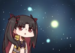 Rule 34 | 1girl, bare arms, bare shoulders, black hair, chibi, crop top, fate/grand order, fate (series), hair ornament, i.u.y, ishtar (fate), long hair, meme, multicolored hair, open clothes, open vest, parted bangs, parted lips, red eyes, red hair, solo, space cat (meme), space ishtar (fate), space ishtar (second ascension) (fate), star (sky), two-tone hair, two side up, upper body, very long hair, vest, yellow vest