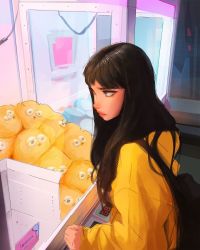 Rule 34 | 1girl, brown eyes, closed mouth, highres, lips, long hair, long sleeves, playing, profile, sam yang, solo, stuffed toy