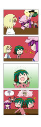 Rule 34 | &gt; &lt;, &gt; o, 0 0, 4girls, 4koma, :d, :p, = =, ?, ^^^, absurdres, afterimage, alice margatroid, animal ears, bag, black skirt, blonde hair, blue dress, blunt bangs, bowing, capelet, chair, chibi, comic, crescent, crescent hair ornament, double bun, dress, flying, flying sweatdrops, green hair, hair between eyes, hair bun, hair ornament, hair ribbon, hairband, hat, hat ribbon, head wings, head wreath, highres, kasodani kyouko, kirisame marisa, koakuma, lily white, long hair, looking at another, mini person, minigirl, mob cap, multiple girls, one eye closed, open mouth, outstretched arms, patchouli knowledge, pink dress, pleated skirt, purple hair, rakugaki-biyori, rapeseed blossoms, red hair, ribbon, robe, shared speech bubble, shirt, short hair, sidelocks, silent comic, skirt, smile, solid oval eyes, speech bubble, spoken character, spoken question mark, sweatdrop, table, tail, tongue, tongue out, touhou, tress ribbon, upper body, waistcoat, white shirt, white skirt, wings, witch hat