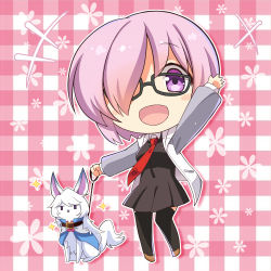 Rule 34 | 1girl, arm up, black-framed eyewear, black dress, black thighhighs, blush, checkered background, chibi, collared shirt, dress, fate/grand order, fate (series), floral background, fou (fate), glasses, highres, holding, holding leash, hood, hoodie, leash, light purple hair, mash kyrielight, necktie, open mouth, pink background, pleated dress, purple eyes, red necktie, shirt, short dress, smile, solo, subaru (794829485), tareme, thighhighs, waving, white shirt