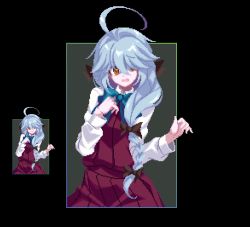 Rule 34 | 1girl, ahoge, black background, black bow, blue bow, blue bowtie, blue hair, bow, bowtie, braid, cazanera, commentary request, dress, hair bow, hair over eyes, hamanami (kancolle), hand on own chest, kantai collection, light blue hair, long hair, long sleeves, pixel art, purple dress, shirt, sidelocks, single braid, sleeve cuffs, solo, sweatdrop, upper body, white shirt, yellow eyes