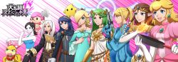 Rule 34 | 6+girls, animal crossing, axe, bad id, bad pixiv id, bare shoulders, black hair, blonde hair, blue hair, bodysuit, book, breasts, brown hair, cape, colored skin, crown, dress, earrings, elbow gloves, fire emblem, fire emblem awakening, flat chest, frying pan, gloves, green hair, gun, hair ornament, hair over one eye, halo, highres, hood, hooded jacket, jacket, jewelry, kid icarus, kid icarus uprising, koopalings, long coat, long hair, lots of jewelry, lucina (fire emblem), luma (mario), mario (series), metroid, mole, mole under mouth, multiple girls, necklace, nintendo, pale skin, palutena, pink dress, pink hair, ponytail, princess peach, princess zelda, riko (sorube), robin (female) (fire emblem), robin (fire emblem), rosalina, samus aran, shoulder pads, skirt, small breasts, smile, solid oval eyes, stretching, super mario bros. 1, super mario galaxy, super smash bros., tank top, the legend of zelda, the legend of zelda: twilight princess, tiara, twintails, villager (animal crossing), wand, weapon, wendy o. koopa, white gloves, white hair, white skin, wii fit, wii fit trainer, wii fit trainer (female), zero suit