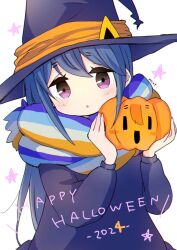 1girl blue_hair dress halloween halloween_costume happy_halloween hat highres holding jack-o&#039;-lantern long_hair long_sleeves looking_at_viewer mint_(mintlemonade3) open_mouth pumpkin purple_eyes scarf shima_rin solo witch witch_hat yurucamp