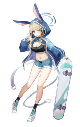 Rule 34 | 1girl, alternate costume, black socks, blonde hair, blue archive, blue eyes, blue halo, blue shorts, blush, breasts, full body, gonggo, halo, highres, hood, hooded jacket, jacket, large breasts, long hair, navel, open clothes, open jacket, open mouth, revision, shoes, shorts, simple background, socks, solo, stomach, toki (blue archive), underboob, white background