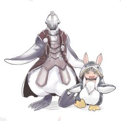 Rule 34 | 1boy, 1girl, :3, animal costume, animal ears, bondrewd, cape, commentary request, ears through headwear, fang, furry, green eyes, hare (tetterutei), helmet, highres, long hair, looking at viewer, made in abyss, nanachi (made in abyss), parted lips, penguin costume, simple background, standing, walking, white background, white hair