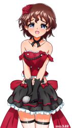 Rule 34 | 1girl, akaboshi koume, back bow, bare shoulders, black ribbon, black skirt, blue eyes, bow, brown hair, commentary, cowboy shot, dated, earlobe1514366, frilled skirt, frills, girls und panzer, hair ribbon, half-closed eyes, highres, holding, holding microphone, idol, large bow, looking at viewer, microphone, midriff, miniskirt, navel, neck ribbon, official alternate costume, open mouth, red bow, red shirt, ribbon, shirt, short hair, simple background, skirt, sleeveless, sleeveless shirt, smile, solo, standing, strap slip, thigh strap, tower records, wavy hair, white background