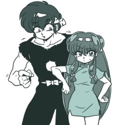 Rule 34 | 1boy, 1girl, china dress, collarbone, hibiki ryouga, long hair, looking at another, monochrome, official style, ranma 1/2, shampoo (ranma 1/2), thighhighs, twintails, upper body, wanta (futoshi)