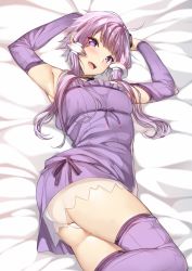 Rule 34 | 1girl, arm warmers, armpits, arms up, ass, bed sheet, blush, bow, bowtie, commentary request, dress, hair ornament, highres, looking at viewer, lying, open mouth, panties, purple dress, purple thighhighs, see-through, shiny skin, short dress, short hair, short hair with long locks, sidelocks, smile, solo, thighhighs, thighs, underwear, vocaloid, voiceroid, white panties, yappen, yuzuki yukari