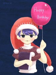 Rule 34 | 1girl, 2018, :3, balloon, bare arms, black capelet, blush, book, capelet, cropped torso, dated, doremy sweet, dress, eyebrows, facing viewer, happy birthday, hat, holding, holding balloon, holding book, itatatata, looking at viewer, nightcap, open mouth, pom pom (clothes), purple eyes, purple hair, red hat, short hair, smile, solo, touhou, turtleneck, upper body, white dress