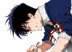Rule 34 | 1boy, bent over, black hair, blue jacket, chicken pub, clenched teeth, commentary, green shirt, grey eyes, hair between eyes, highres, holding, holding pen, jacket, letterman jacket, long bangs, male focus, nervous sweating, pen, shirt, short hair, simple background, sleeves rolled up, solo, striped clothes, striped shirt, sweat, teeth, tobaku haouden zero, ukai zero, upper body, white background, white shirt