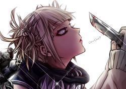 Rule 34 | 10s, 1girl, blonde hair, blood, blunt bangs, boku no hero academia, cardigan, double bun, from side, glint, hair bun, half-closed eyes, heart, highres, kanato (aquariumest), knife, lipstick, long hair, makeup, scarf, simple background, solo, sparkle, text focus, toga himiko, twintails, white background, yellow eyes