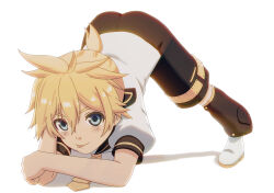 Rule 34 | 1boy, aqua eyes, blonde hair, blue eyes, commentary, commentary request, english commentary, flexible, hair ornament, hands on ground, highres, hirobakar, jack-o&#039; challenge, kagamine len, looking at viewer, male focus, meme, necktie, sailor collar, short hair, shorts, simple background, smile, solo, spread legs, tongue, tongue out, top-down bottom-up, twitter, vocaloid, white background, wide spread legs