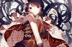 Rule 34 | 1girl, aiguillette, atha (leejuiping), belt, black gloves, black hair, blunt bangs, blush, capelet, closed mouth, copyright request, floating hair, flower, fur trim, gloves, hair flower, hair ornament, highres, holding, holding sword, holding weapon, jewelry, long hair, looking at viewer, necklace, personification, petals, pink flower, purple eyes, saber (weapon), sidelocks, solo, sparkle, sword, tassel, upper body, very long hair, weapon