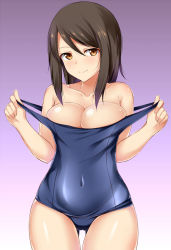 Rule 34 | 10s, 1girl, bare shoulders, blue background, blue one-piece swimsuit, breasts, brown eyes, brown hair, cameltoe, cleavage, clothes pull, covered navel, cowboy shot, girls und panzer, gradient background, highres, kuragari, large breasts, long hair, looking at viewer, mika (girls und panzer), old school swimsuit, one-piece swimsuit, one-piece swimsuit pull, pulled by self, school swimsuit, smile, solo, standing, strap slip, swept bangs, swimsuit, thigh gap