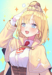 Rule 34 | 1girl, animal, animal on head, blonde hair, blue eyes, blush, breasts, brown skirt, bubba (watson amelia), coat, collared shirt, dog, dog on head, high-waist skirt, highres, hololive, hololive english, medium breasts, naname (7name), necktie, on head, plaid, plaid skirt, red necktie, shirt, short hair, short necktie, skirt, solo, sparkle, upper body, virtual youtuber, watson amelia, watson amelia (1st costume), white shirt, yellow coat