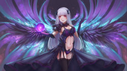 Rule 34 | 1girl, :d, aura, black background, black thighhighs, black wings, blush, breasts, chinese commentary, cleavage, clothing cutout, commentary request, cowboy shot, detached collar, detached wings, dudunia, elbow gloves, energy ball, feathered wings, garter straps, gloves, hair ornament, hands up, highres, large breasts, leotard, long hair, looking at viewer, navel, navel cutout, open mouth, original, pink eyes, purple gloves, purple leotard, shoulder pads, showgirl skirt, sidelocks, smile, solo, standing, thighhighs, waist cape, white hair, wings