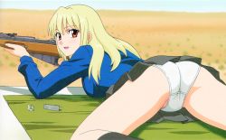 Rule 34 | 1girl, absurdres, aiming, ass, black skirt, black socks, blue jacket, blurry, blurry background, bolt action, crotch seam, day, gun, highres, holding, holding gun, holding weapon, jacket, lever action, long hair, looking at viewer, looking back, lying, mosin-nagant, on ground, on stomach, open mouth, original, outdoors, panties, pleated skirt, red eyes, rifle, skindentation, skirt, socks, solo, thighs, towel, underwear, weapon, white panties, yamauchi noriyasu