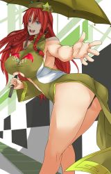 Rule 34 | 1girl, adapted costume, ass, bare shoulders, bent over, black panties, blue eyes, braid, breasts, clothes writing, dress, exaxuxer, female focus, hat, highres, hong meiling, huge breasts, legs, long hair, outstretched hand, panties, race queen, red hair, side slit, smile, solo, star (symbol), taut clothes, taut dress, thighs, thong, touhou, twin braids, umbrella, underboob, underwear