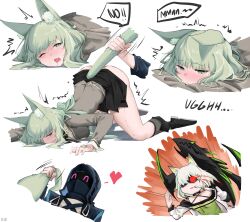 Rule 34 | 1boy, 2girls, absurdres, animal ear fluff, animal ears, arknights, black skirt, blush, boots, breasts, cat ears, cat tail, clothes lift, doctor (arknights), english text, eye trail, gie (gienara), green eyes, green hair, grey jacket, harmonie (arknights), heart, highres, jacket, kal&#039;tsit (arknights), large breasts, light trail, long hair, mon3tr (arknights), multiple girls, multiple views, no panties, one eye closed, open mouth, simple background, skirt, skirt lift, sweat, tail, tail pull, top-down bottom-up, trembling, white background