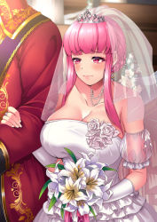Rule 34 | 1boy, 1girl, absurdres, blush, bouquet, breasts, bridal veil, bride, cleavage, closed mouth, collarbone, cowboy shot, detached sleeves, dress, flower, hetero, highres, holding another&#039;s arm, jewelry, large breasts, marianne (unholy sanctuary), necklace, pink eyes, pink hair, puffy short sleeves, puffy sleeves, ring, rose, short sleeves, sidelocks, smile, solo focus, tiara, unholy sanctuary, uzura (moimoi), veil, wedding, wedding band, wedding dress