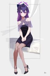 Rule 34 | 1girl, absurdres, black dress, black footwear, blue archive, blush, bow, breasts, cleavage, closed mouth, dress, earrings, full body, hair between eyes, hair bow, hair ornament, hairclip, halo, haruka (blue archive), haruka (dress) (blue archive), high heels, highres, jewelry, long hair, not forever2w, official alternate costume, pantyhose, purple bow, purple eyes, purple hair, purple halo, signature, small breasts, solo