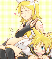 Rule 34 | 1boy, 1girl, artist request, ass, assertive female, blonde hair, blush, brother and sister, butt crack, couple, closed eyes, femdom, heart, hetero, kagamine len, kagamine rin, siblings, spanked, spanking, twins, vocaloid, wince