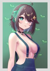Rule 34 | 1girl, :3, arms behind back, blush, border, breasts, brown eyes, brown hair, closed mouth, collar, collarbone, dot nose, dungarees, estebaneishon1, eyebrows, eyelashes, female focus, from side, green eyes, green hair, grey border, hair ornament, heterochromia, idol corp, looking at viewer, looking to the side, matching hair/eyes, medium breasts, medium hair, meica (vtuber), meica (vtuber) (old design), multicolored hair, simple background, solo, standing, star (symbol), star hair ornament, two-tone hair, upper body, virtual youtuber