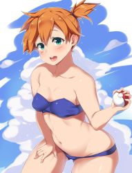 Rule 34 | 1girl, :d, bandeau, bare shoulders, bent over, bikini, blue bikini, blue sky, breasts, cowboy shot, creatures (company), day, game freak, gluteal fold, green eyes, gym leader, hand on own thigh, highres, leaning forward, misty (pokemon), moisture (chichi), navel, nintendo, open mouth, orange hair, outdoors, poke ball, poke ball (basic), pokemon, pokemon rgby, short hair, short sidetail, sky, small breasts, smile, solo, swimsuit