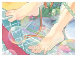 1girl barefoot couch decorations feet foot_focus lower_body nanakami_mana original painting_(medium) ribbon solo spread_toes toes traditional_media watercolor_(medium)