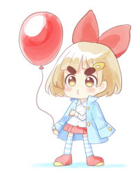 Rule 34 | 1girl, balloon, blue jacket, bow, brown eyes, brown hair, hair bow, hair ornament, hairclip, highres, jacket, lulu (warioware), nintendo, offbeat, red bow, red footwear, red skirt, shirt, simple background, skirt, socks, striped clothes, striped socks, thick eyebrows, warioware, white background, white shirt
