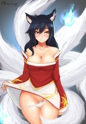 Rule 34 | 1girl, ahri (league of legends), animal ears, bare shoulders, black hair, blue fire, blush, breasts, cleavage, cleft of venus, clothes lift, cowboy shot, detached sleeves, facial mark, female focus, fire, fox ears, fox tail, highres, korean clothes, large breasts, league of legends, lifting own clothes, lips, long hair, looking away, multiple tails, naughty face, nose, panties, panty pull, pussy, razalor, simple background, skirt, skirt lift, solo, tail, thigh gap, uncensored, underwear, whisker markings, yellow eyes