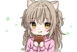 Rule 34 | 1girl, animal ear fluff, animal ears, bad source, blush, cat ears, cat girl, chibi, chieri (yumoran), closed mouth, commentary request, eating, food, food request, hair between eyes, holding, holding food, hood, hood down, light brown hair, long hair, looking at viewer, lowres, original, pink shirt, shirt, sleeves past wrists, solo, straight-on, tongue, tongue out, white background, yellow eyes, yumoran