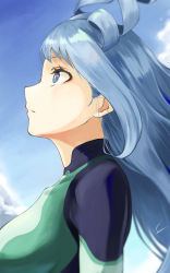 Rule 34 | 1girl, absurdres, black bodysuit, blue eyes, blue hair, bodysuit, boku no hero academia, cloud, covered collarbone, day, fengling (furin-jp), from side, green bodysuit, hadou nejire, highres, huge filesize, long hair, looking up, outdoors, parted lips, profile, signature, solo, white bodysuit