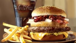 Rule 34 | bacon, beef, burger, cheese, coca-cola, food, food focus, french fries, gradient background, mcdonald&#039;s, no humans, realistic, still life, taka (takahirokun)
