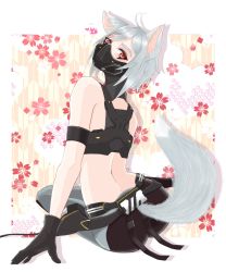Rule 34 | 1girl, animal ears, back, bare back, covered mouth, fortnite, fox ears, fox tail, from behind, hapishapiri, highres, hush (fortnite), looking at viewer, mask, mouth mask, red eyes, short hair, silver hair, simple background, solo, tail, vest