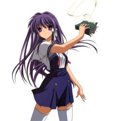 Rule 34 | 00s, book, clannad, fujibayashi kyou, long hair, purple eyes, purple hair, school uniform, smoke, solo, thighhighs, transparent background