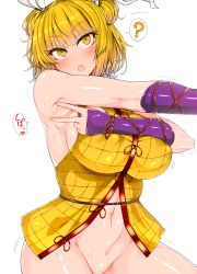 Rule 34 | 1girl, ?, armpits, bare shoulders, blonde hair, blunt bangs, blush, bottomless, breasts, covered erect nipples, double bun, eyelashes, fang, groin, hair bun, hair ribbon, highres, joutouguu mayumi, large breasts, motion lines, navel, no bra, open mouth, out-of-frame censoring, outstretched arm, ribbon, roki (hirokix), shiny skin, shirt, short hair, simple background, sleeveless, sleeveless shirt, solo, speech bubble, spoken question mark, spread armpit, sweat, sword, touhou, weapon, white background, white ribbon, yellow eyes, yellow shirt
