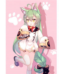 Rule 34 | 1girl, absurdres, ahoge, akashi (kancolle), animal ears, azur lane, braid, cat ears, green hair, hair ornament, hairclip, highres, kantai collection, long hair, low-braided long hair, low-tied long hair, paw print, paw print background, screwdriver, solo, striped, striped background, tweezers, very long hair, wrench, yellow eyes