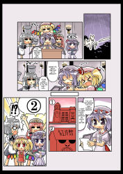 Rule 34 | !?, &gt; &lt;, 5girls, :&lt;, :3, :d, = =, ^^^, apron, arms up, ascot, balancing, bat wings, blonde hair, blush, blush stickers, book, bow, braid, bucket, china dress, chinese clothes, comic, crescent, dress, embodiment of scarlet devil, closed eyes, fang, female focus, flandre scarlet, frown, hair bow, hard-translated, hat, hat bow, herada, herada mitsuru, holding, holding book, hong meiling, izayoi sakuya, long hair, long sleeves, maid, maid apron, maid headdress, multiple girls, night clothes, o o, hugging object, open mouth, paper, patchouli knowledge, ponytail, purple eyes, purple hair, rain, red eyes, red hair, remilia scarlet, scarlet devil mansion, short hair, short sleeves, siblings, side ponytail, sidelocks, silver hair, sisters, smile, speech bubble, star (symbol), surprised, sweatdrop, third-party edit, touhou, translated, triangle mouth, twin braids, wings, wrist cuffs