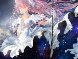 Rule 34 | 10s, archlich, bow (weapon), closed eyes, dress, flower, gloves, hair ribbon, kaname madoka, long hair, mahou shoujo madoka magica, mahou shoujo madoka magica (anime), pink hair, ribbon, rose, sky, solo, space, spoilers, star (sky), starry sky, twintails, two side up, ultimate madoka, weapon, white flower, white gloves, white rose