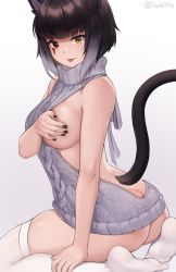 Rule 34 | 1girl, :p, animal ears, aran sweater, ass, backless outfit, bare arms, bare back, black nails, blunt bangs, breasts, butt crack, cable knit, cat ears, cat girl, cat tail, commentary, commission, covering privates, covering breasts, dress, english commentary, facial mark, gradient background, gradient hair, grey background, grey hair, grey sweater, heterochromia, highres, iwbitu, large breasts, meme attire, multicolored hair, nail polish, naked sweater, one breast out, original, red eyes, short hair, sideboob, simple background, sitting, smile, solo, sweater, sweater dress, tail, thighhighs, tongue, tongue out, turtleneck, turtleneck sweater, twitter username, virgin killer sweater, white thighhighs, yellow eyes