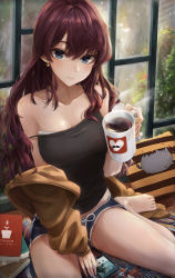 Rule 34 | 1girl, animal print, bare legs, bare shoulders, barefoot, blue eyes, blue shorts, blush, book, breasts, brown jacket, bush, camisole, cat print, cellphone, cleavage, closed mouth, coffee, coffee mug, collarbone, cup, day, dolphin shorts, drawstring, earbuds, earphones, earrings, envysoi, eyebrows, eyelashes, groin, hair between eyes, hand up, highres, holding, holding cup, holding mug, ichinose shiki, idolmaster, idolmaster cinderella girls, idolmaster cinderella girls starlight stage, indoors, jacket, jewelry, long hair, long sleeves, looking at viewer, medium breasts, micro shorts, mug, off shoulder, open clothes, open jacket, phone, pillow, plant, purple hair, short shorts, shorts, sitting, smartphone, solo, steam, striped, striped pillow, wooden floor, yokozuwari