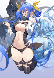 Rule 34 | 1girl, :o, angel wings, artist name, asymmetrical wings, bare shoulders, black panties, black thighhighs, blue hair, breasts, center opening, cleavage, collarbone, detached sleeves, dizzy (guilty gear), guilty gear, guilty gear x, guilty gear xx, hair between eyes, hair ornament, hair ribbon, hand in own hair, hands up, highres, large breasts, long hair, long sleeves, looking at another, looking at viewer, midriff, monster girl, navel, necro (guilty gear), open mouth, panties, puffy long sleeves, puffy sleeves, red eyes, ribbon, skindentation, swd3e2, thick thighs, thigh gap, thighhighs, thighs, twintails, underboob, underwear, undine (guilty gear), wings, yellow ribbon