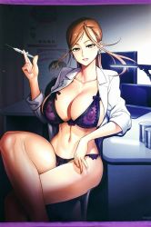 Rule 34 | 1girl, bra, breasts, cleavage, huge breasts, nipples, panties, sagiri yuuko, satou shouji, see-through, triage x, underwear