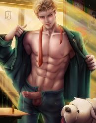 Rule 34 | 1boy, abs, bara, blonde hair, bond (spy x family), dog, highres, looking at viewer, male focus, nipples, mature male, muscular, muscular male, necktie, nipples, pectorals, penis, solo, spy x family, stanglass, toned, toned male, topless male, twilight (spy x family), uncensored, undone necktie